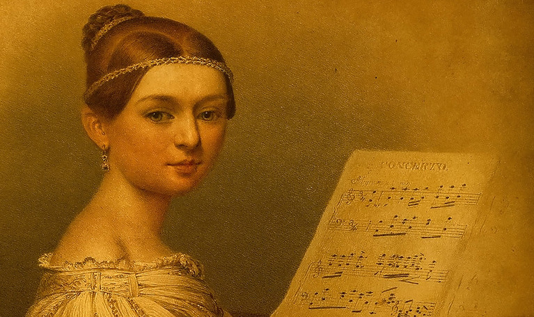 Illustration av ung kvinna vid piano.